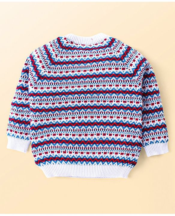 Babyhug Knitted Full Raglan Sleeves Pullover Sweater Set with Cap & Aztec Design - Blue