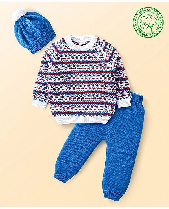 Babyhug Knitted Full Raglan Sleeves Pullover Sweater Set with Cap & Aztec Design - Blue