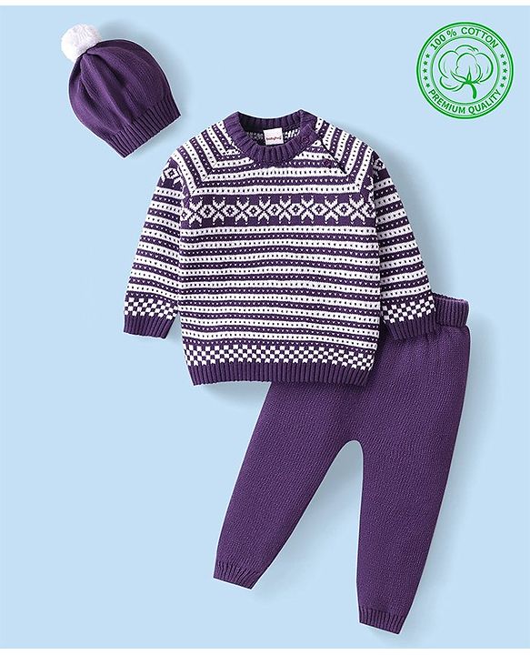 Babyhug Knitted Full Sleeves Pullover Sweater Set with Cap & Aztec Design - Purple