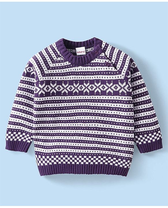 Babyhug Knitted Full Sleeves Pullover Sweater Set with Cap & Aztec Design - Purple
