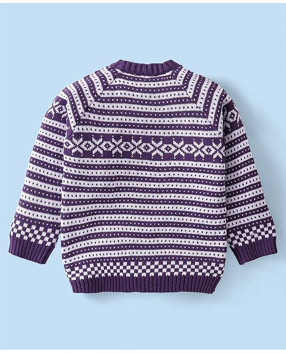 Babyhug Knitted Full Sleeves Pullover Sweater Set with Cap & Aztec Design - Purple