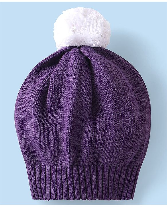 Babyhug Knitted Full Sleeves Pullover Sweater Set with Cap & Aztec Design - Purple
