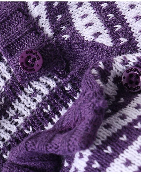 Babyhug Knitted Full Sleeves Pullover Sweater Set with Cap & Aztec Design - Purple