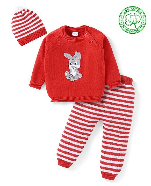 Babyhug Knitted Full Raglan Sleeves Striped Sweater Set with Bunny Embroidery - Red