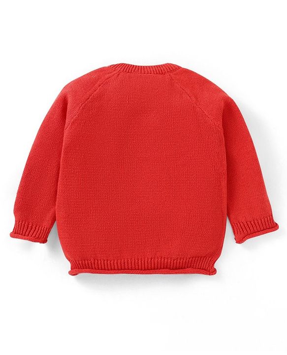 Babyhug Knitted Full Raglan Sleeves Striped Sweater Set with Bunny Embroidery - Red