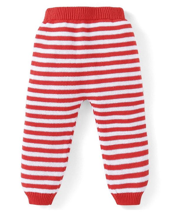 Babyhug Knitted Full Raglan Sleeves Striped Sweater Set with Bunny Embroidery - Red
