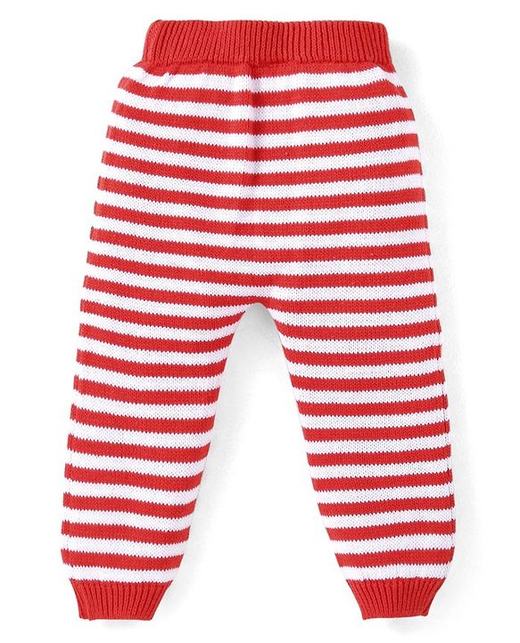 Babyhug Knitted Full Raglan Sleeves Striped Sweater Set with Bunny Embroidery - Red