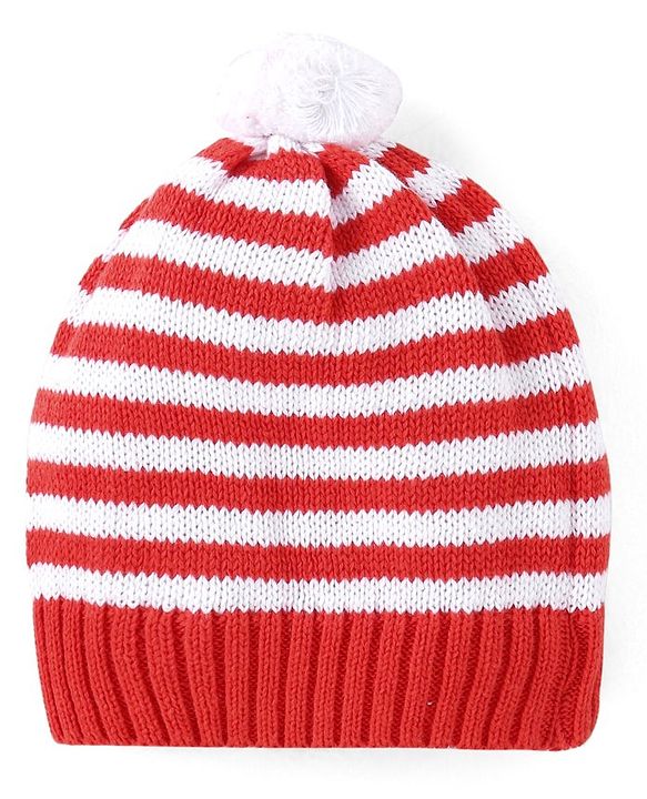 Babyhug Knitted Full Raglan Sleeves Striped Sweater Set with Bunny Embroidery - Red