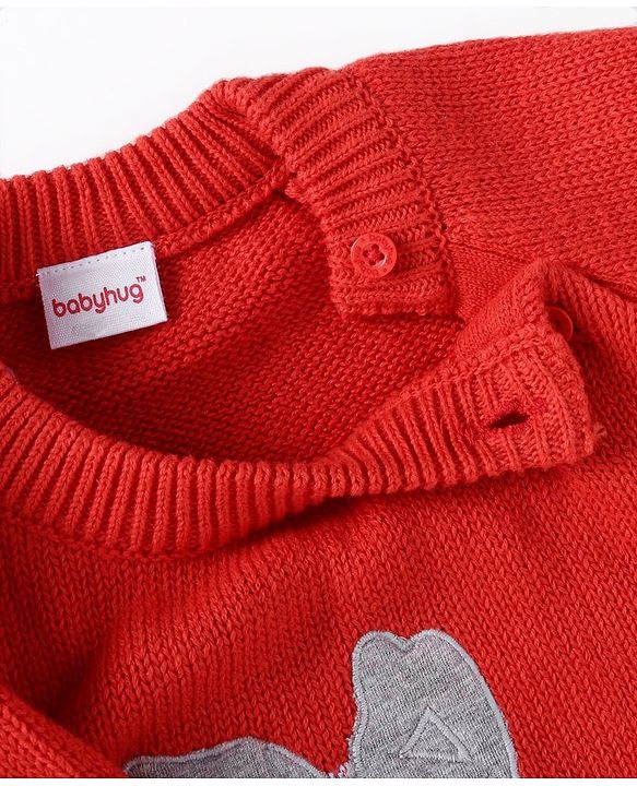 Babyhug Knitted Full Raglan Sleeves Striped Sweater Set with Bunny Embroidery - Red