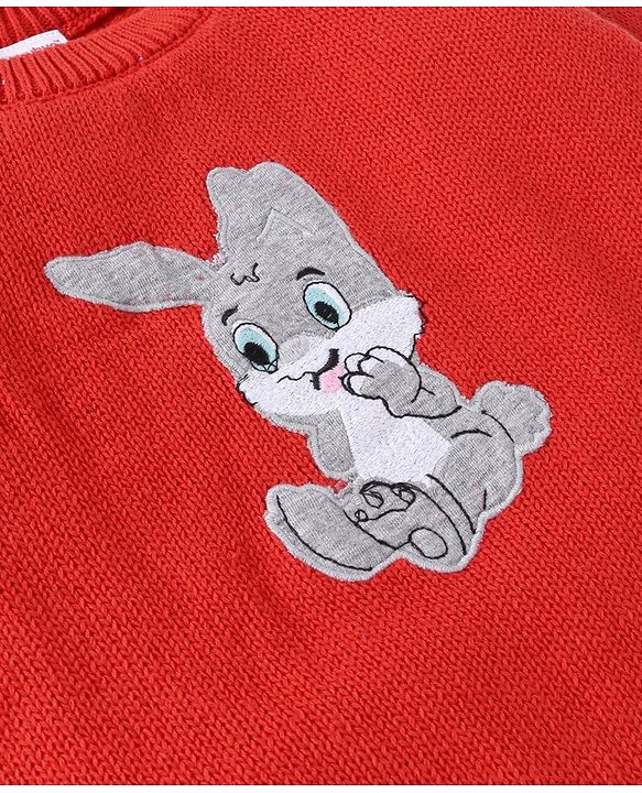 Babyhug Knitted Full Raglan Sleeves Striped Sweater Set with Bunny Embroidery - Red