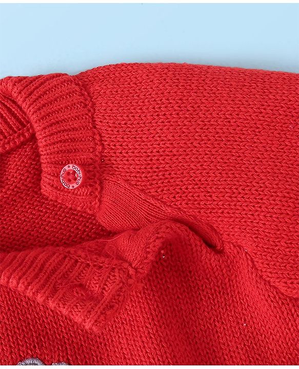 Babyhug Knitted Full Raglan Sleeves Striped Sweater Set with Bunny Embroidery - Red