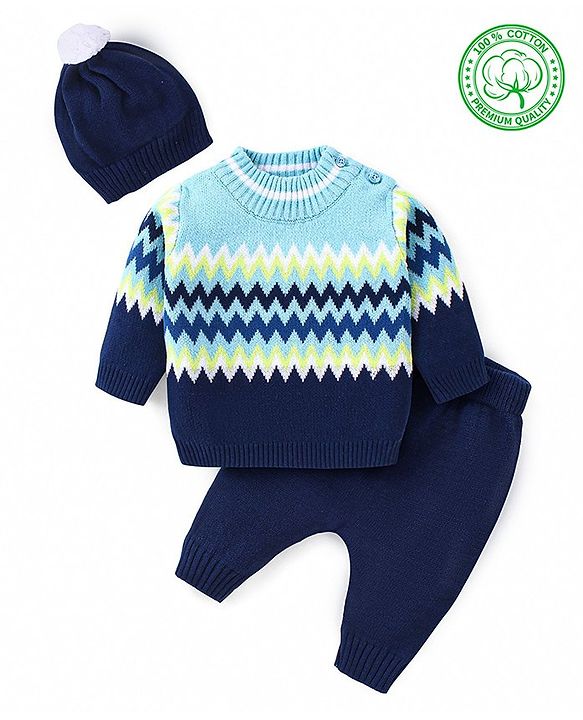 Babyhug Knitted Full Sleeves Pullover Sweater Set with Cap & Chevron Design - Navy Blue