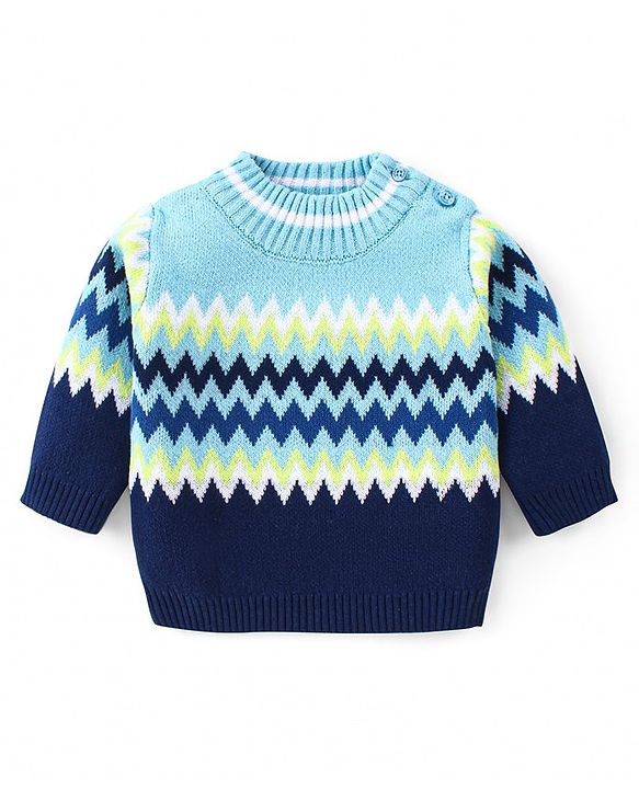 Babyhug Knitted Full Sleeves Pullover Sweater Set with Cap & Chevron Design - Navy Blue