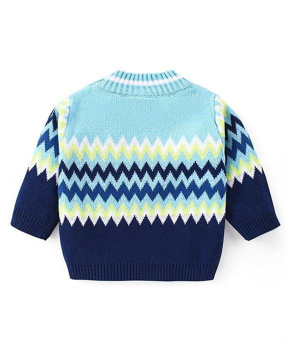 Babyhug Knitted Full Sleeves Pullover Sweater Set with Cap & Chevron Design - Navy Blue