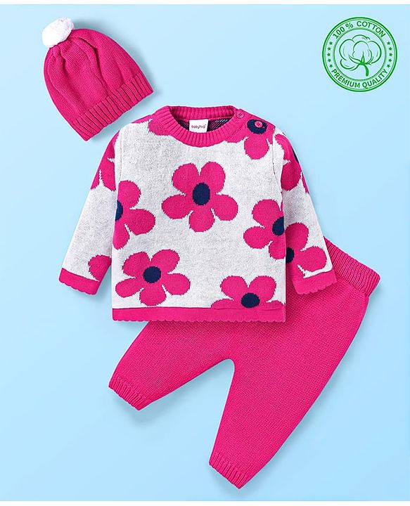 Babyhug Knit Full Sleeves Pullover Sweater Set & Cap  with Floral Design - Dark Pink & White