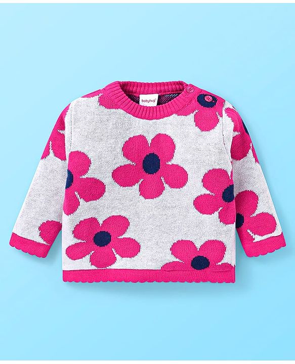 Babyhug Knit Full Sleeves Pullover Sweater Set & Cap  with Floral Design - Dark Pink & White