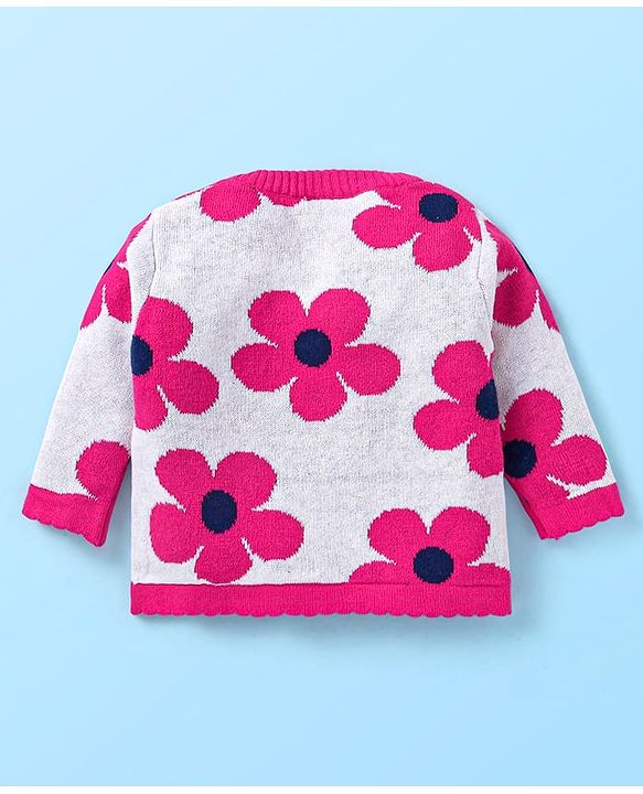 Babyhug Knit Full Sleeves Pullover Sweater Set & Cap  with Floral Design - Dark Pink & White