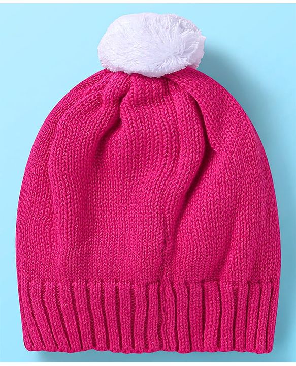 Babyhug Knit Full Sleeves Pullover Sweater Set & Cap  with Floral Design - Dark Pink & White