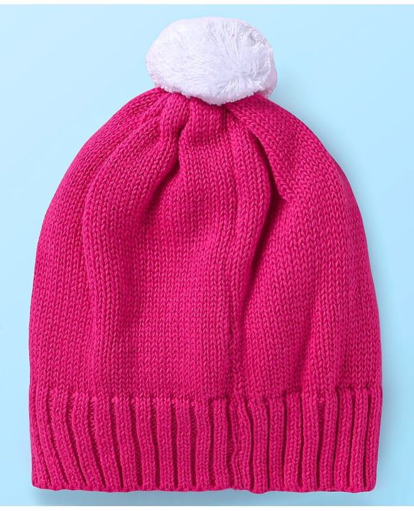 Babyhug Knit Full Sleeves Pullover Sweater Set & Cap  with Floral Design - Dark Pink & White
