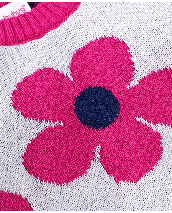 Babyhug Knit Full Sleeves Pullover Sweater Set & Cap  with Floral Design - Dark Pink & White