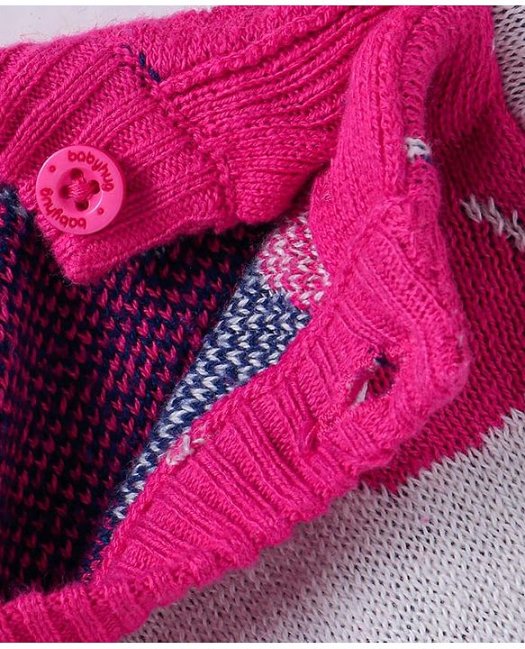Babyhug Knit Full Sleeves Pullover Sweater Set & Cap  with Floral Design - Dark Pink & White