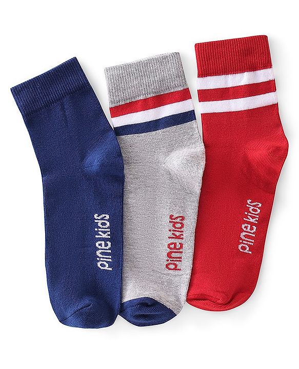 Pine Kids Knit Ankle Length Silvadur Antimicrobial Striped Socks Pack Of 3 ( Color May Vary )