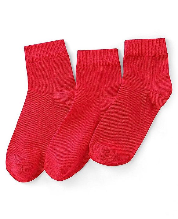 Pine Kids Knit Antimicrobial High Ankle Length Solid Colour Socks Pack of 3 - Red