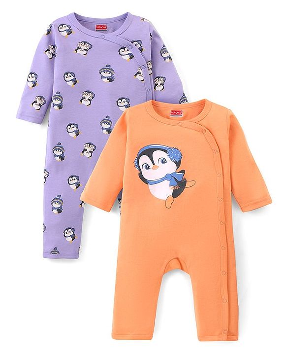 Babyhug 100% Cotton Knit Full Sleeves Romper With Penguin Print Pack of 2- Purple & Orange