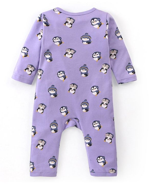 Babyhug 100% Cotton Knit Full Sleeves Romper With Penguin Print Pack of 2- Purple & Orange