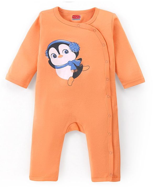 Babyhug 100% Cotton Knit Full Sleeves Romper With Penguin Print Pack of 2- Purple & Orange