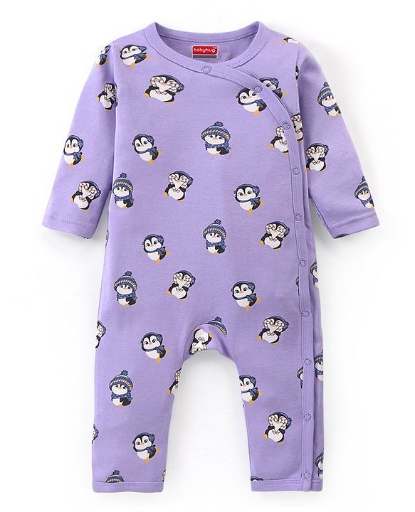 Babyhug 100% Cotton Knit Full Sleeves Romper With Penguin Print Pack of 2- Purple & Orange