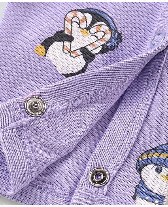 Babyhug 100% Cotton Knit Full Sleeves Romper With Penguin Print Pack of 2- Purple & Orange
