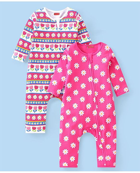 Babyhug 100% Cotton Knit Full Sleeves Floral Printed Romper Pack of 2 - Pink