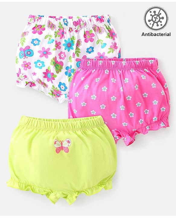 Babyhug 100% Cotton Knit Anti Bacterial Bloomers with Floral & Butterfly Print Pack of 3 - Multicolour