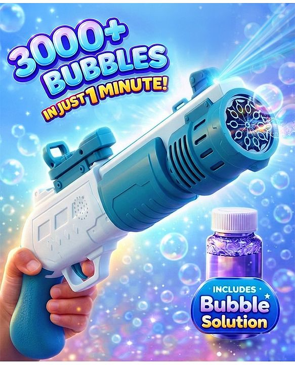 Babyhug Automatic 10 Hole Bubble Rifle Gun with LED Lights - Pink| 100ml Bubble Solution| 3000+ Bubbles per Min| Battery Operated| Child-Safe| Leak-Resistant|Indoor & Outdoor Fun|Realistic View Finder