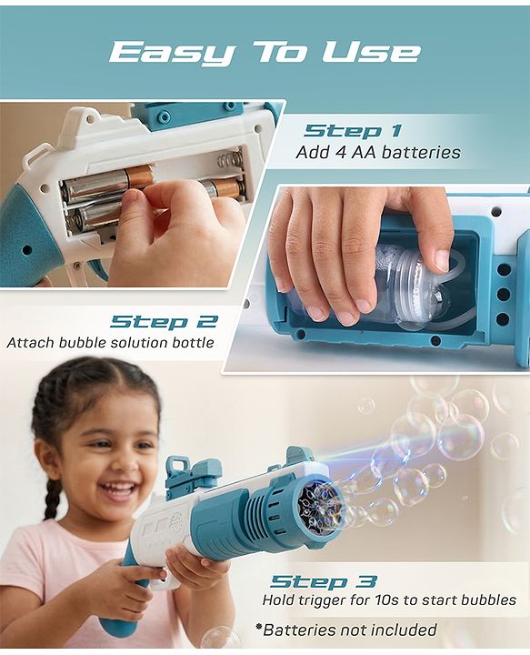 Babyhug Automatic 10 Hole Bubble Rifle Gun with LED Lights - Pink| 100ml Bubble Solution| 3000+ Bubbles per Min| Battery Operated| Child-Safe| Leak-Resistant|Indoor & Outdoor Fun|Realistic View Finder