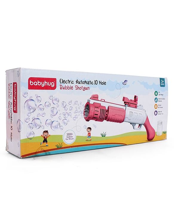 Babyhug Automatic 10 Hole Bubble Rifle Gun with LED Lights - Pink| 100ml Bubble Solution| 3000+ Bubbles per Min| Battery Operated| Child-Safe| Leak-Resistant|Indoor & Outdoor Fun|Realistic View Finder