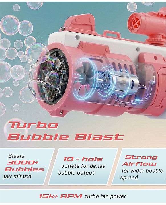 Babyhug Automatic 10 Hole Bubble Rifle Gun with LED Lights - Blue| 100ml Bubble Solution| 3000+ Bubbles per Min| Battery Operated| Child-Safe| Leak-Resistant|Indoor & Outdoor Fun|Realistic View Finder