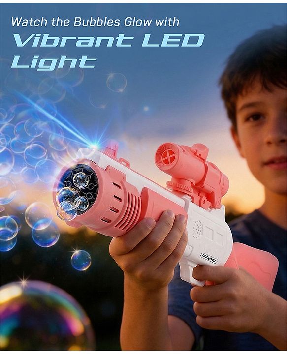 Babyhug Automatic 10 Hole Bubble Rifle Gun with LED Lights - Blue| 100ml Bubble Solution| 3000+ Bubbles per Min| Battery Operated| Child-Safe| Leak-Resistant|Indoor & Outdoor Fun|Realistic View Finder