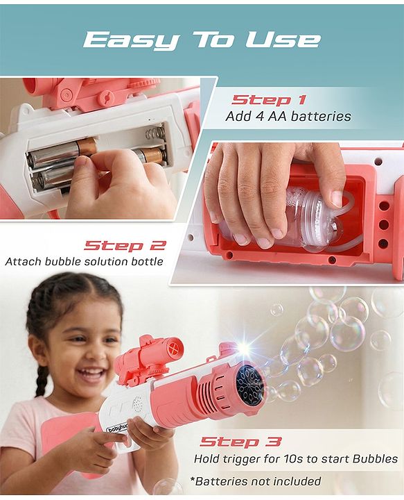 Babyhug Automatic 10 Hole Bubble Rifle Gun with LED Lights - Blue| 100ml Bubble Solution| 3000+ Bubbles per Min| Battery Operated| Child-Safe| Leak-Resistant|Indoor & Outdoor Fun|Realistic View Finder