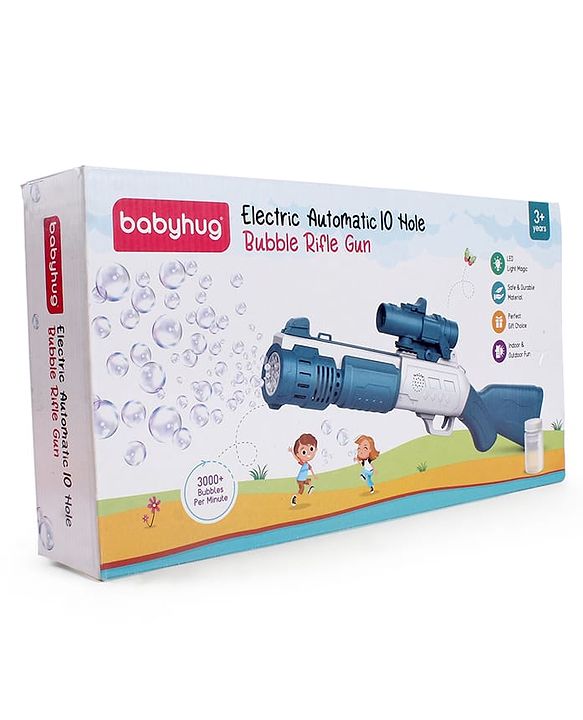 Babyhug Automatic 10 Hole Bubble Rifle Gun with LED Lights - Blue| 100ml Bubble Solution| 3000+ Bubbles per Min| Battery Operated| Child-Safe| Leak-Resistant|Indoor & Outdoor Fun|Realistic View Finder