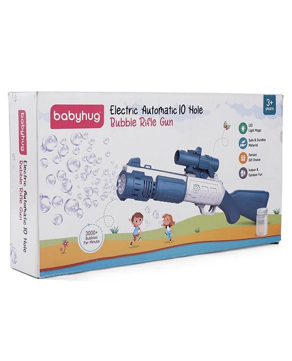 Babyhug Automatic 10 Hole Bubble Rifle Gun with LED Lights - Blue| 100ml Bubble Solution| 3000+ Bubbles per Min| Battery Operated| Child-Safe| Leak-Resistant|Indoor & Outdoor Fun|Realistic View Finder