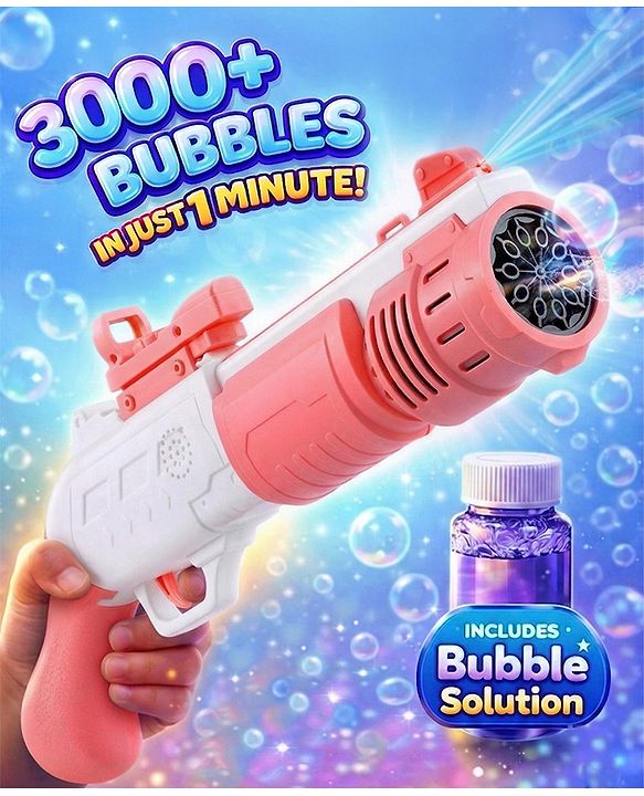 Babyhug Automatic Bubble Shot Gun for Kids| LED Lights| 10 Hole Battery Operated Bubble Machine Toy & 100ml Bubble Solution| 3000+ Bubbles per Min|Bubble Blaster for Boys & Girls | BIS Certified- Pink