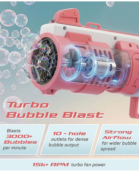 Babyhug Automatic Bubble Shot Gun for Kids| LED Lights| 10 Hole Battery Operated Bubble Machine Toy & 100ml Bubble Solution| 3000+ Bubbles per Min|Bubble Blaster for Boys & Girls | BIS Certified- Pink