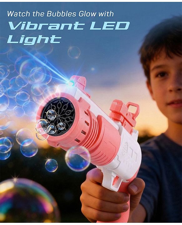 Babyhug Automatic Bubble Shot Gun for Kids| LED Lights| 10 Hole Battery Operated Bubble Machine Toy & 100ml Bubble Solution| 3000+ Bubbles per Min|Bubble Blaster for Boys & Girls | BIS Certified- Pink