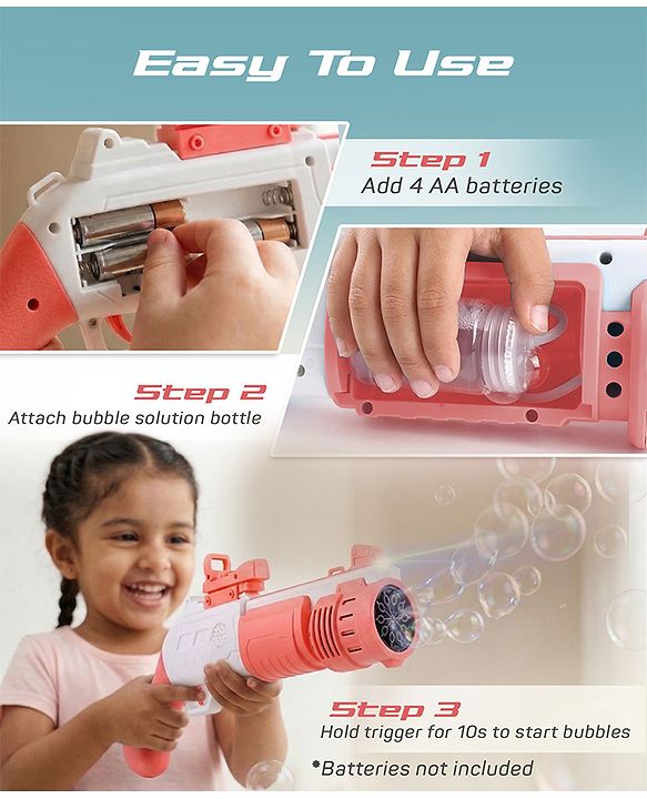 Babyhug Automatic Bubble Shot Gun for Kids| LED Lights| 10 Hole Battery Operated Bubble Machine Toy & 100ml Bubble Solution| 3000+ Bubbles per Min|Bubble Blaster for Boys & Girls | BIS Certified- Pink