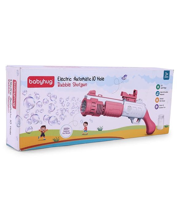 Babyhug Automatic Bubble Shot Gun for Kids| LED Lights| 10 Hole Battery Operated Bubble Machine Toy & 100ml Bubble Solution| 3000+ Bubbles per Min|Bubble Blaster for Boys & Girls | BIS Certified- Pink