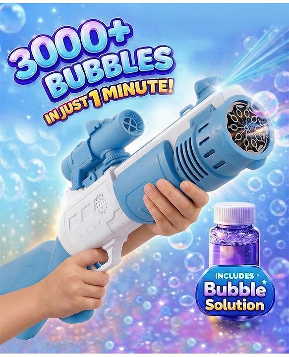 Babyhug Automatic Bubble Rifle Gun for Kids| LED Lights| 10 Hole Battery Operated Bubble Machine Toy & 100ml Bubble Solution| 3000+ Bubbles per Min|Bubble Blaster for Boys & Girls BIS Certified - Blue