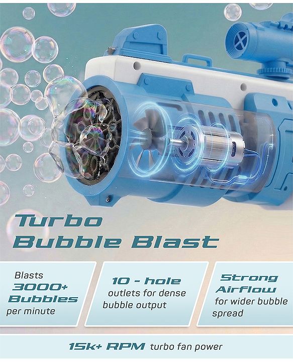 Babyhug Automatic Bubble Rifle Gun for Kids| LED Lights| 10 Hole Battery Operated Bubble Machine Toy & 100ml Bubble Solution| 3000+ Bubbles per Min|Bubble Blaster for Boys & Girls BIS Certified - Blue