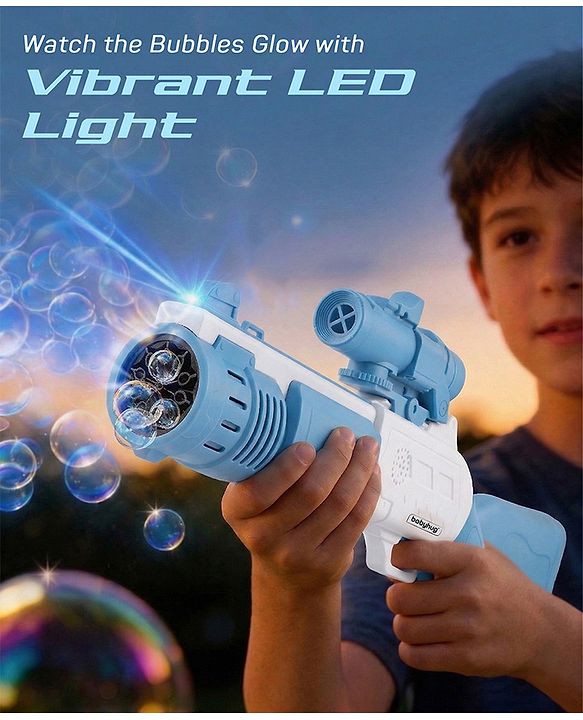 Babyhug Automatic Bubble Rifle Gun for Kids| LED Lights| 10 Hole Battery Operated Bubble Machine Toy & 100ml Bubble Solution| 3000+ Bubbles per Min|Bubble Blaster for Boys & Girls BIS Certified - Blue